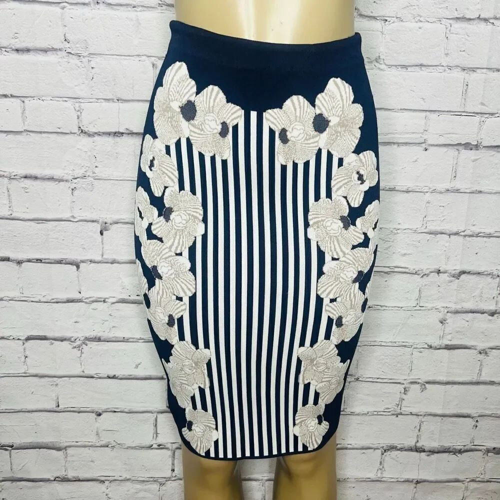 Diane Von Furstenberg Womens Navy White Kacee Knit Floral Pencil Dress Sz Small